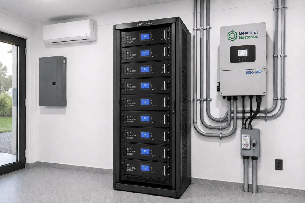 A lithium iron phosphate battery bank