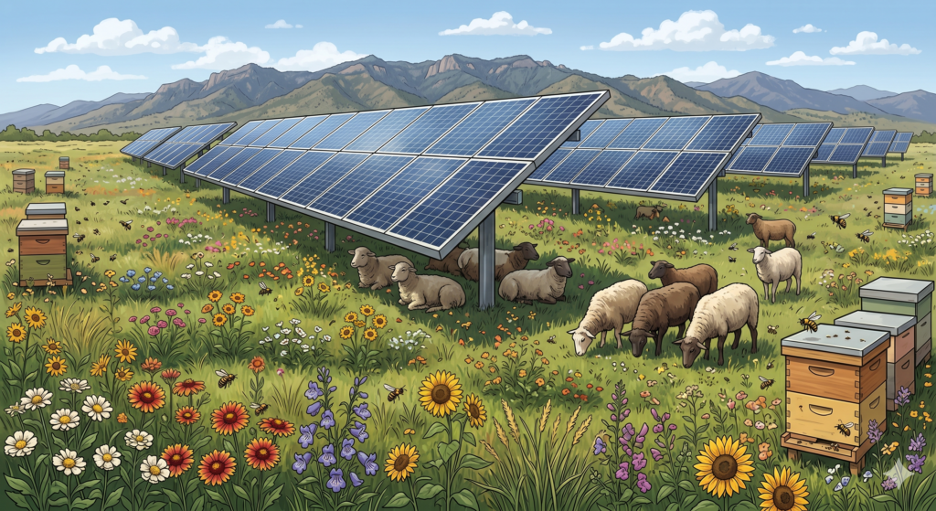 A generated image of a solar field covered in lush native grasses and flowers with sheep grazing around and under the panels and bees flying between bee boxes and the flowers.