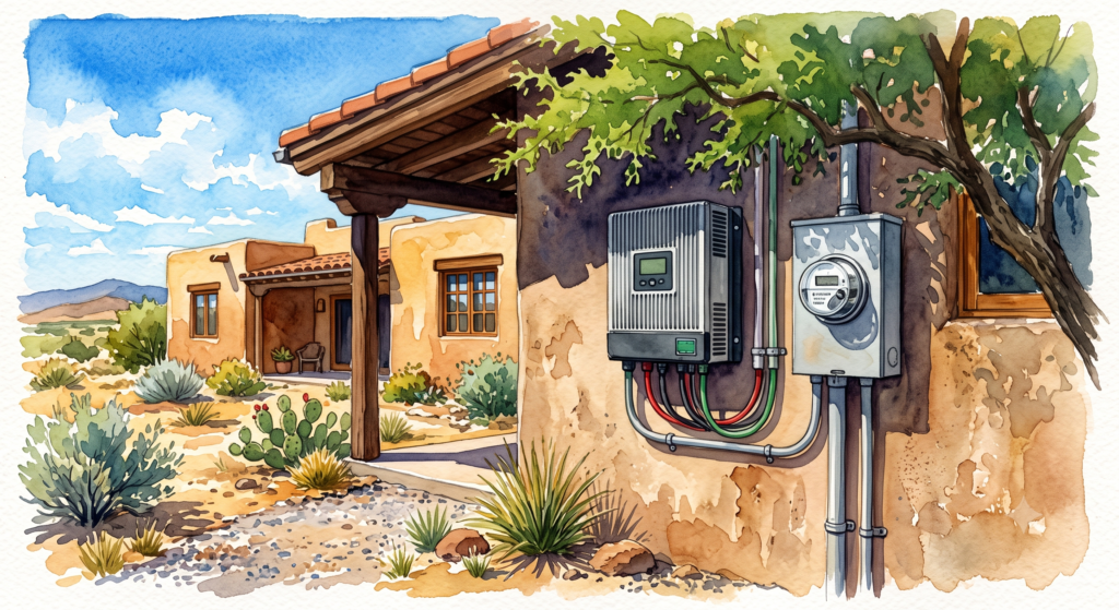 a depiction of an electric inverter box on the side of an adobe house