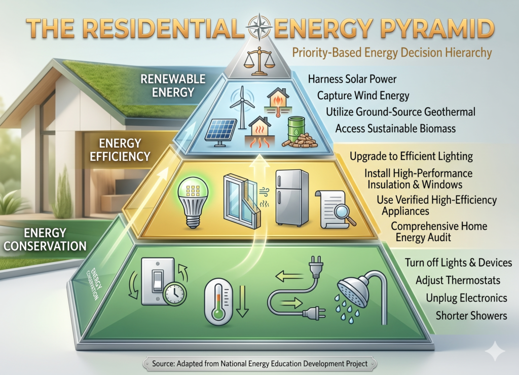 An illustration of the residential energy pyramid- the base is energy conservation, the middle is energy efficiency, and the apex is renewable energy.